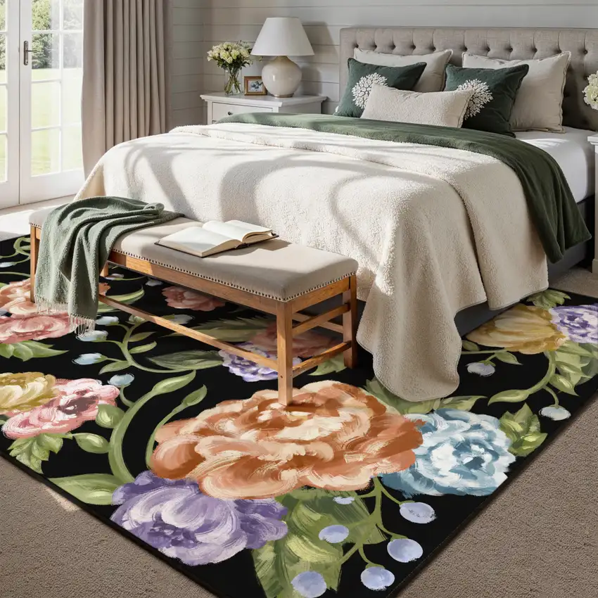 Black Green And Orange Floral Washable Area Rug Photo 9
