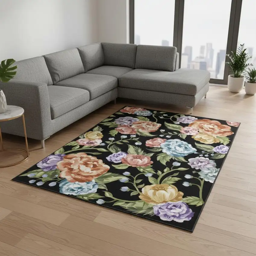 Black Green And Orange Floral Washable Area Rug Photo 1