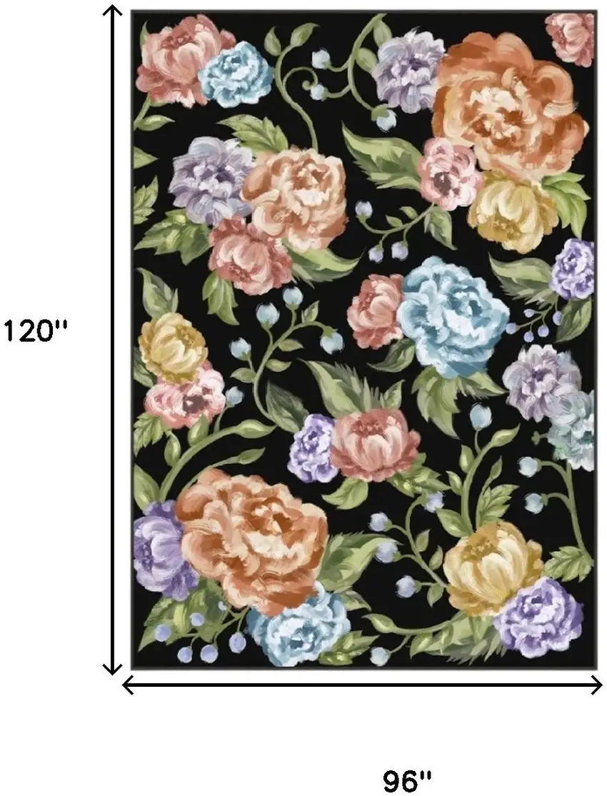 Black Green And Orange Floral Washable Area Rug Photo 3