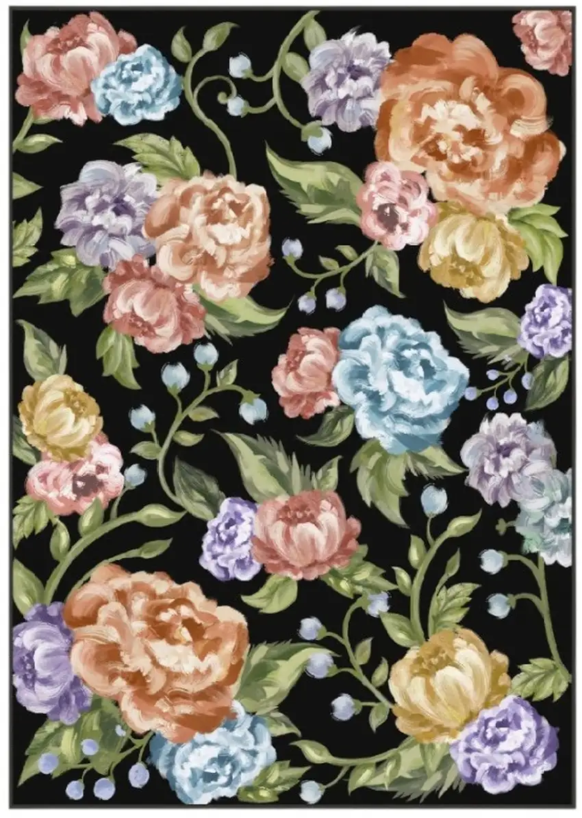 Black Green And Orange Floral Washable Area Rug Photo 2