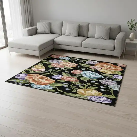 Black Green And Orange Floral Washable Area Rug Photo 1