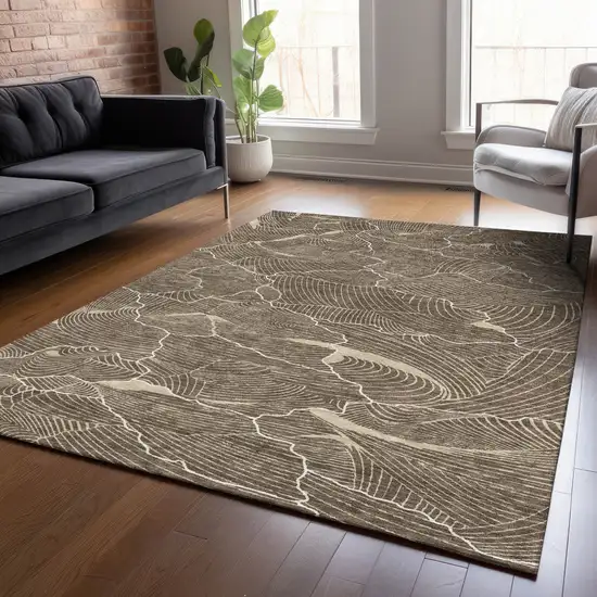 Brown And Ivory Abstract Washable Indoor Outdoor Area Rug Photo 8