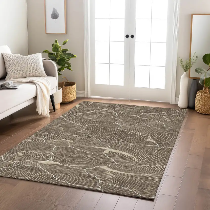 Brown And Ivory Abstract Washable Indoor Outdoor Area Rug Photo 8