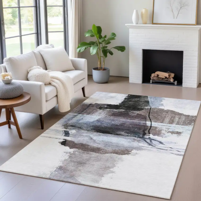 Brown And Ivory Abstract Washable Indoor Outdoor Area Rug Photo 5