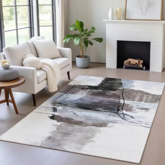 Brown And Ivory Abstract Washable Indoor Outdoor Area Rug Photo 5