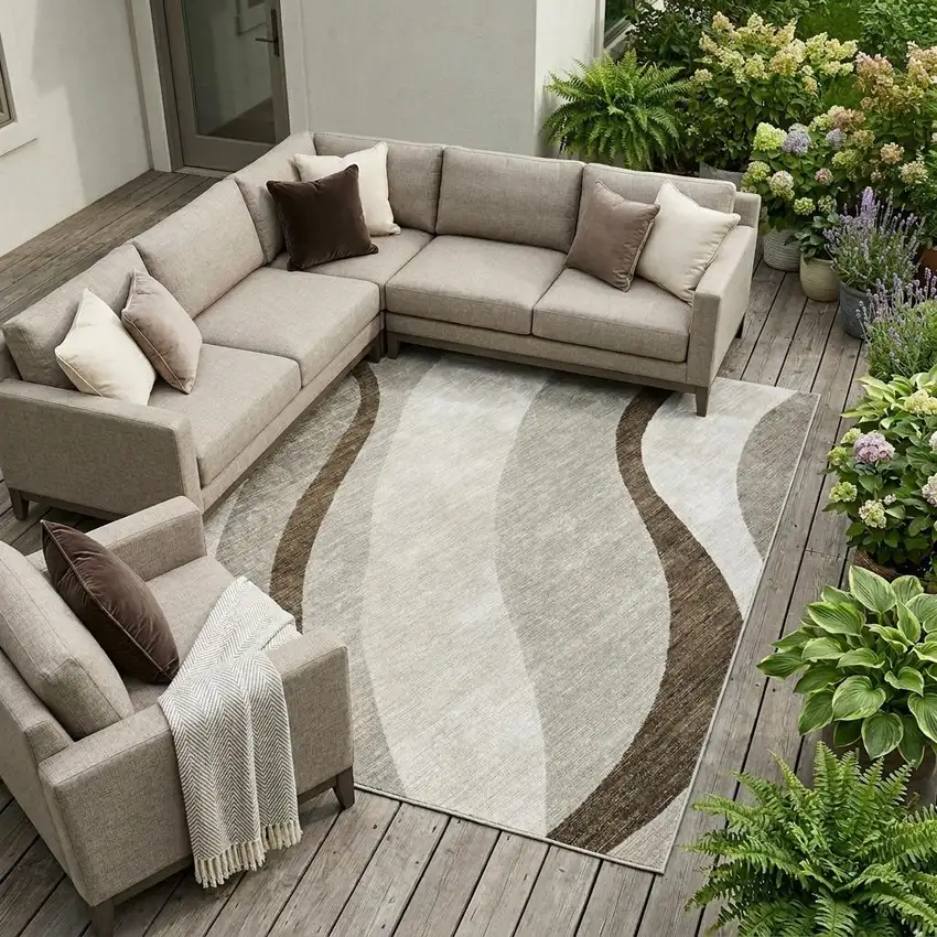 Brown And Ivory Abstract Washable Indoor Outdoor Area Rug Photo 1