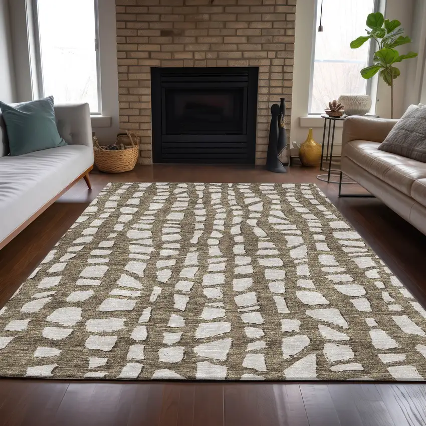 Brown And Ivory Abstract Washable Indoor Outdoor Area Rug Photo 7