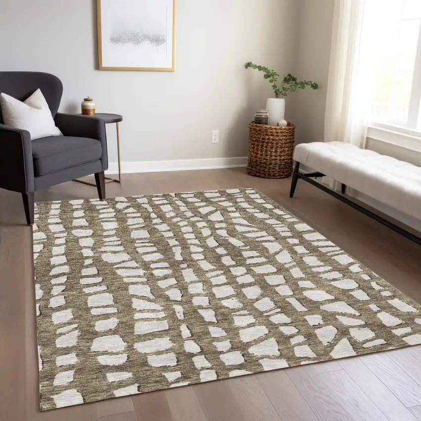 Brown And Ivory Abstract Washable Indoor Outdoor Area Rug Photo 8