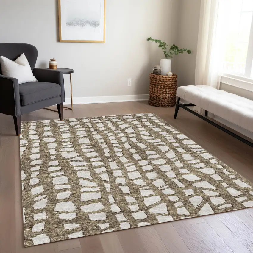 Brown And Ivory Abstract Washable Indoor Outdoor Area Rug Photo 8
