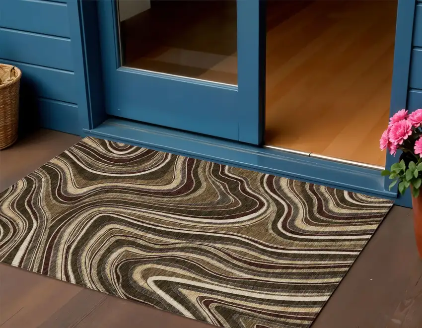 Brown And Ivory Abstract Washable Indoor Outdoor Area Rug Photo 1