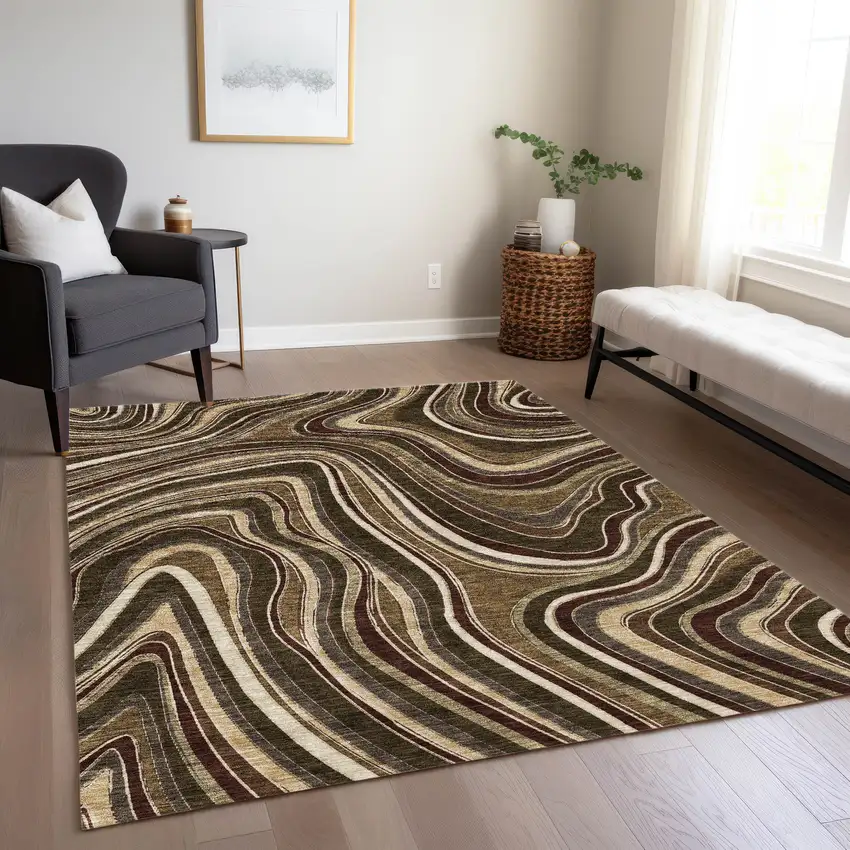 Brown And Ivory Abstract Washable Indoor Outdoor Area Rug Photo 8