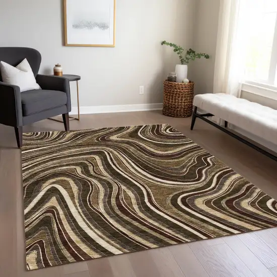Brown And Ivory Abstract Washable Indoor Outdoor Area Rug Photo 8