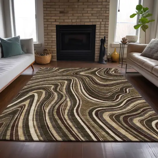 Brown And Ivory Abstract Washable Indoor Outdoor Area Rug Photo 7