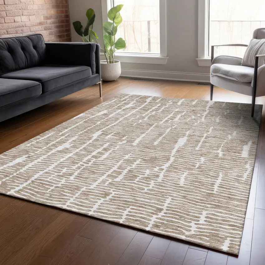 Brown And Ivory Abstract Washable Indoor Outdoor Area Rug Photo 9