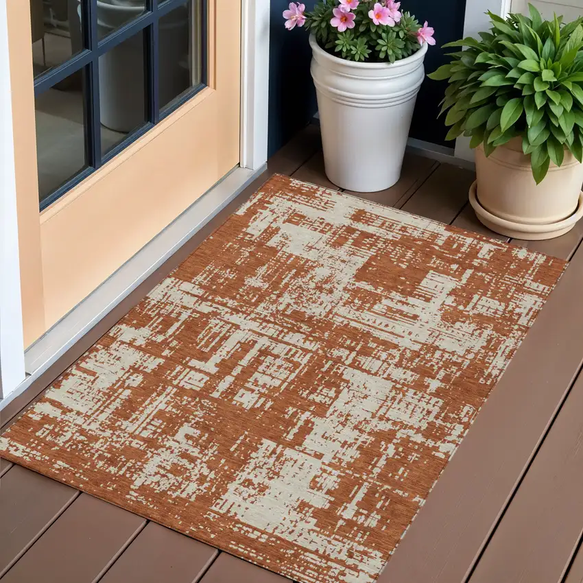 Brown And Ivory Abstract Washable Indoor Outdoor Area Rug Photo 1