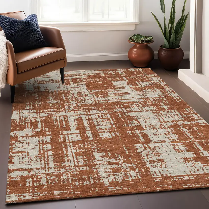 Brown And Ivory Abstract Washable Indoor Outdoor Area Rug Photo 9