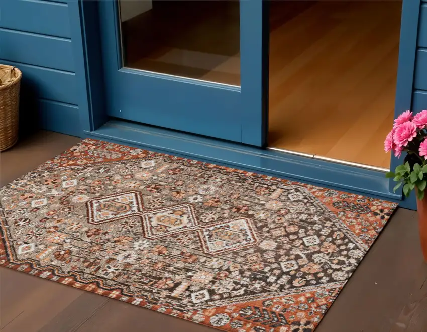 Brown And Ivory Aztec Washable Indoor Outdoor Area Rug Photo 2