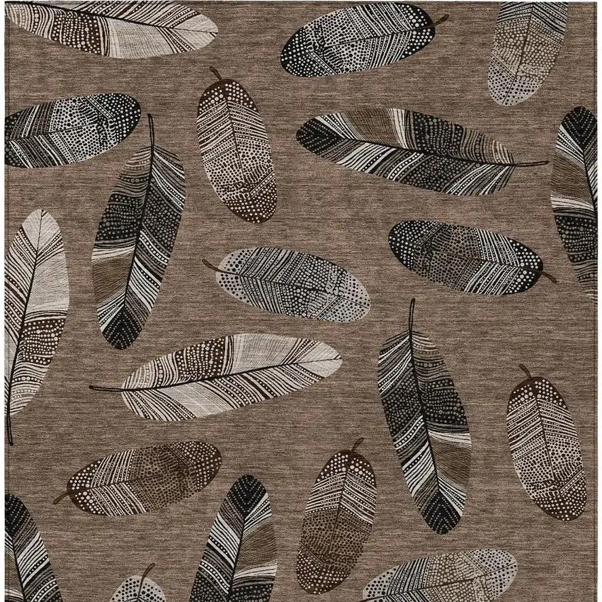 Brown And Ivory Botanical Leaves Washable Indoor Outdoor Area Rug Photo 6