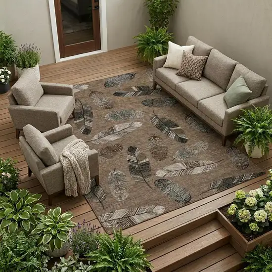 Brown And Ivory Botanical Leaves Washable Indoor Outdoor Area Rug Photo 1