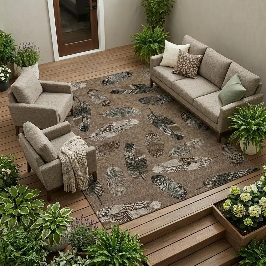 Brown And Ivory Botanical Leaves Washable Indoor Outdoor Area Rug Photo 1