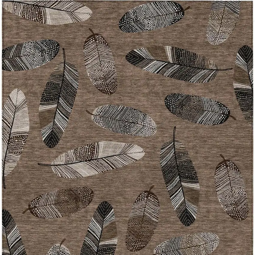 Brown And Ivory Botanical Leaves Washable Indoor Outdoor Area Rug Photo 4