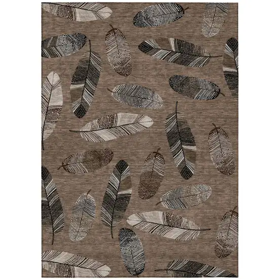 Brown And Ivory Botanical Leaves Washable Indoor Outdoor Area Rug Photo 2