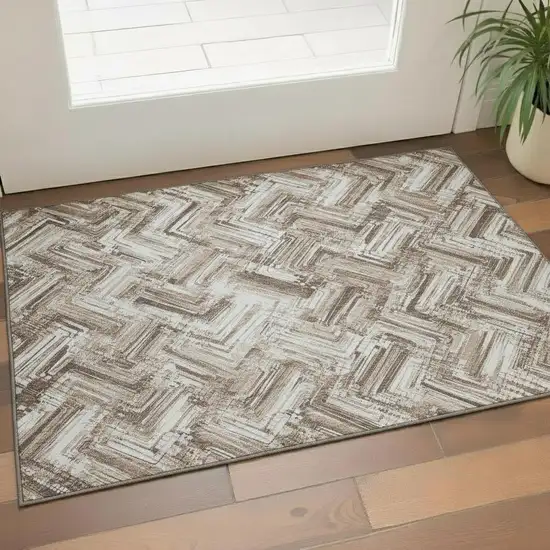 Brown And Ivory Chevron Washable Area Rug With UV Protection Photo 1