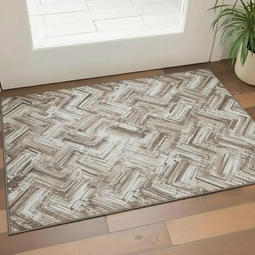 Brown And Ivory Chevron Washable Area Rug With UV Protection Photo 1
