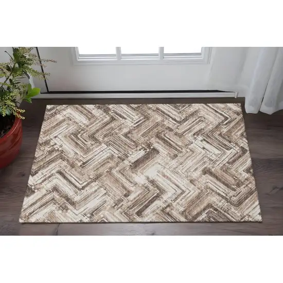 Brown And Ivory Chevron Washable Area Rug With UV Protection Photo 2