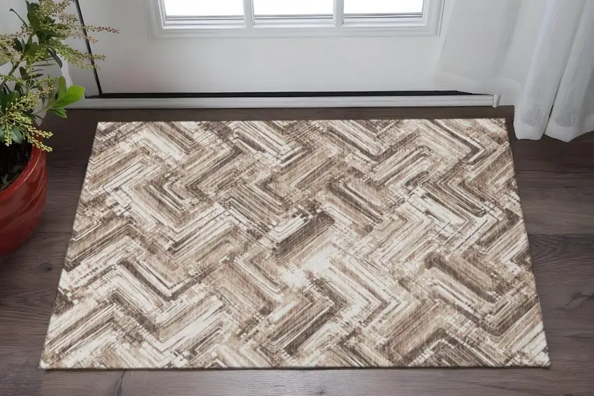 Brown And Ivory Chevron Washable Area Rug With UV Protection Photo 2