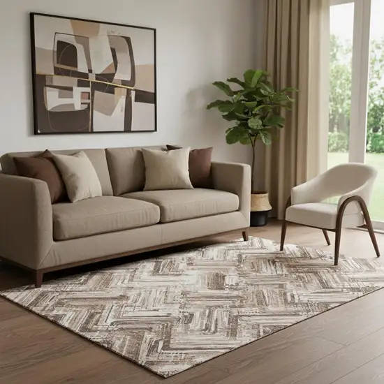 Brown And Ivory Chevron Washable Area Rug With UV Protection Photo 1