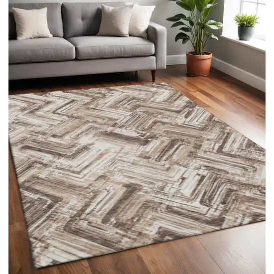 Brown And Ivory Chevron Washable Area Rug With UV Protection Photo 2
