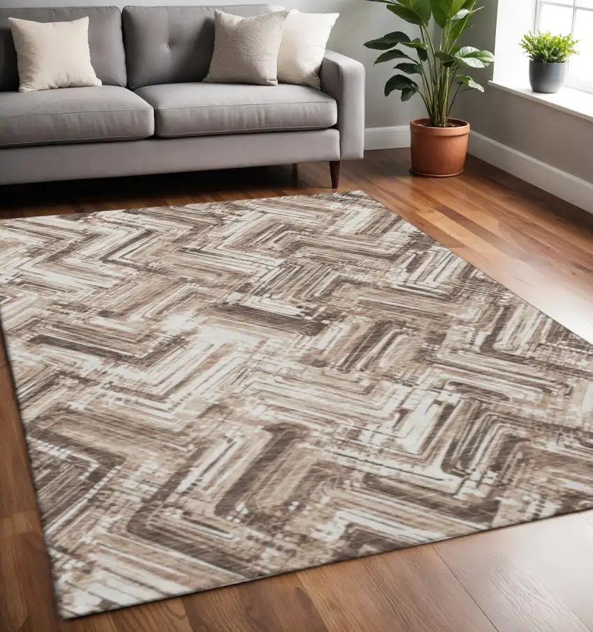 Brown And Ivory Chevron Washable Area Rug With UV Protection Photo 2