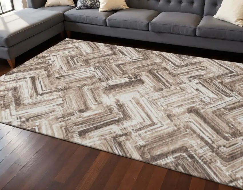 Brown And Ivory Chevron Washable Area Rug With UV Protection Photo 2