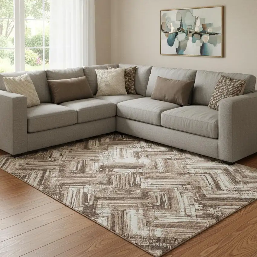 Brown And Ivory Chevron Washable Area Rug With UV Protection Photo 1