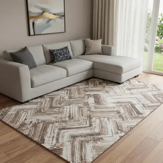 Brown And Ivory Chevron Washable Area Rug With UV Protection Photo 1