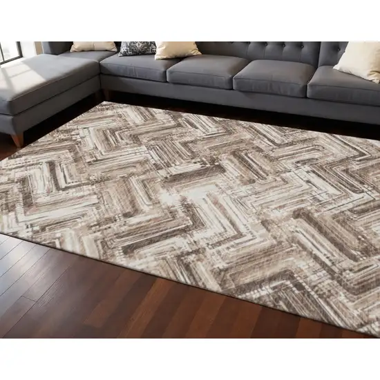 Brown And Ivory Chevron Washable Area Rug With UV Protection Photo 2