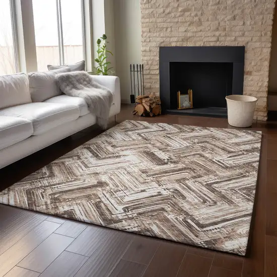 Brown And Ivory Chevron Washable Area Rug With UV Protection Photo 5