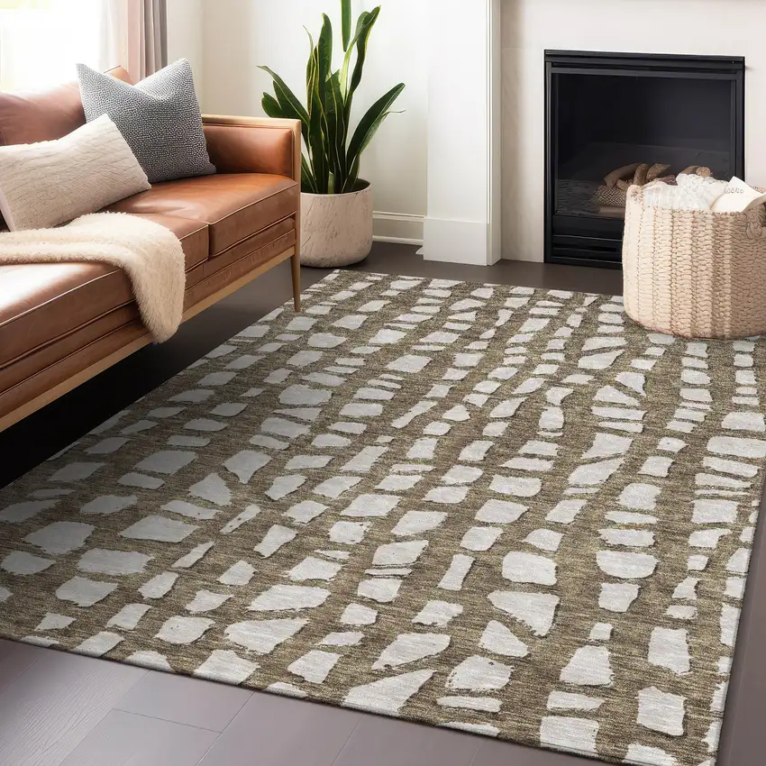 Brown And Ivory Cobblestone Washable Area Rug With UV Protection Photo 6