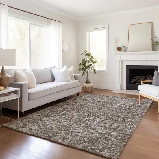 Brown And Ivory Damask Washable Indoor Outdoor Area Rug Photo 5