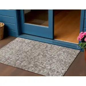 Photo of Brown And Ivory Damask Washable Indoor Outdoor Area Rug
