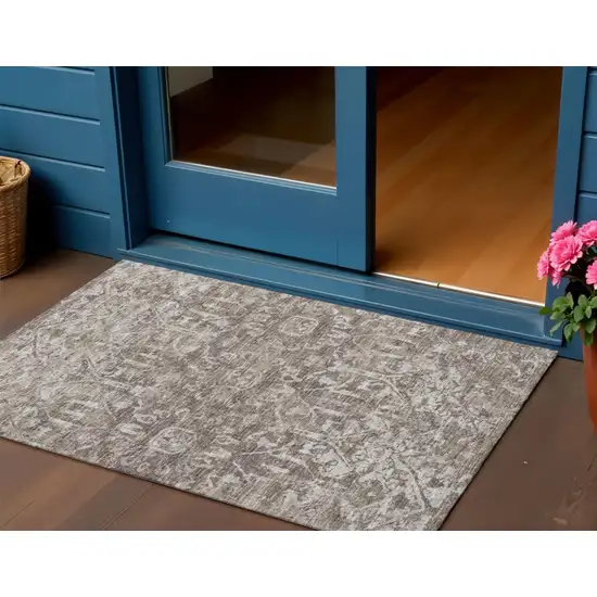 Brown And Ivory Damask Washable Indoor Outdoor Area Rug Photo 1