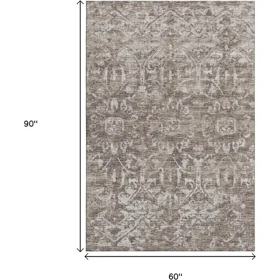Brown And Ivory Damask Washable Indoor Outdoor Area Rug Photo 3