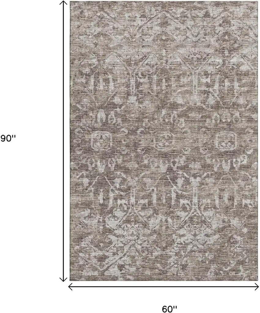 Brown And Ivory Damask Washable Indoor Outdoor Area Rug Photo 3