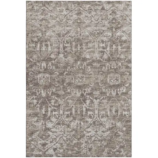 Brown And Ivory Damask Washable Indoor Outdoor Area Rug Photo 2