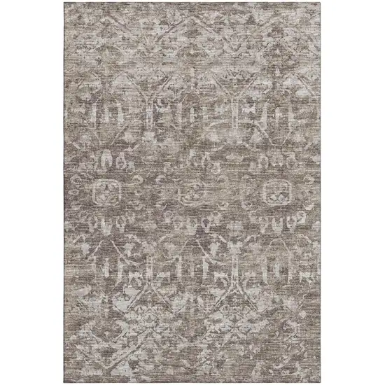 Brown And Ivory Damask Washable Indoor Outdoor Area Rug Photo 2
