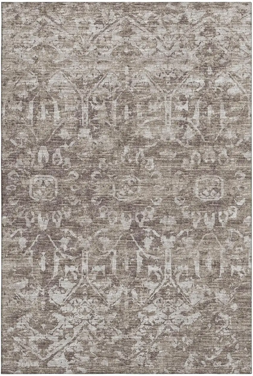 Brown And Ivory Damask Washable Indoor Outdoor Area Rug Photo 2