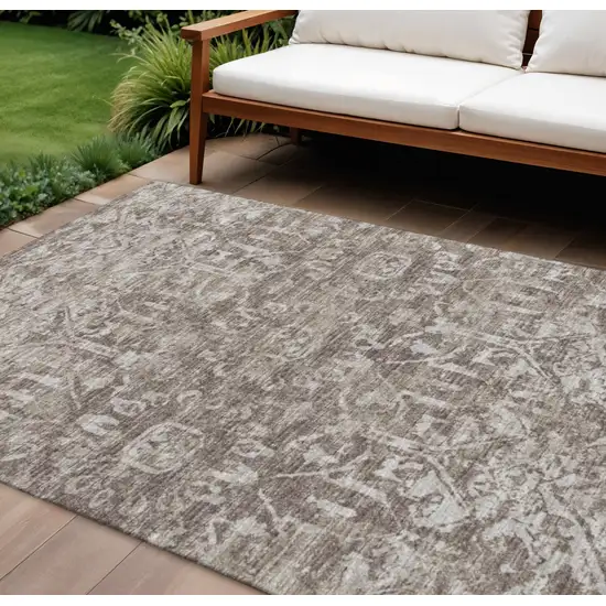 Brown And Ivory Damask Washable Indoor Outdoor Area Rug Photo 1
