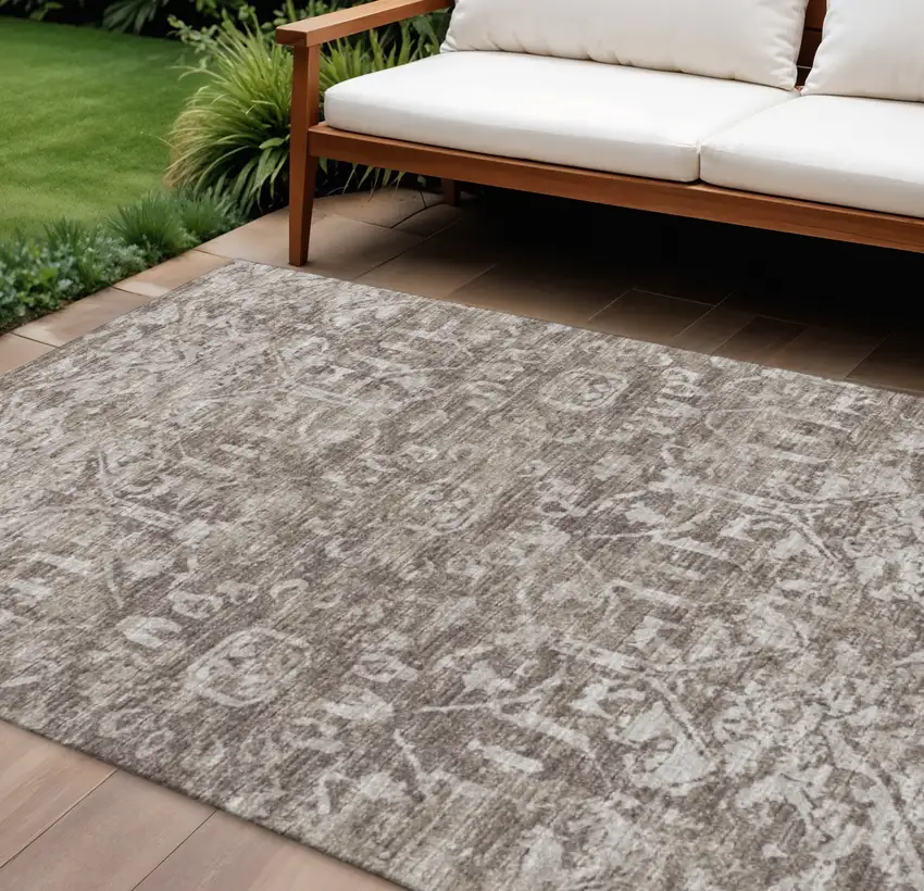 Brown And Ivory Damask Washable Indoor Outdoor Area Rug Photo 1