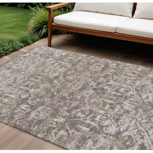Photo of Brown And Ivory Damask Washable Indoor Outdoor Area Rug